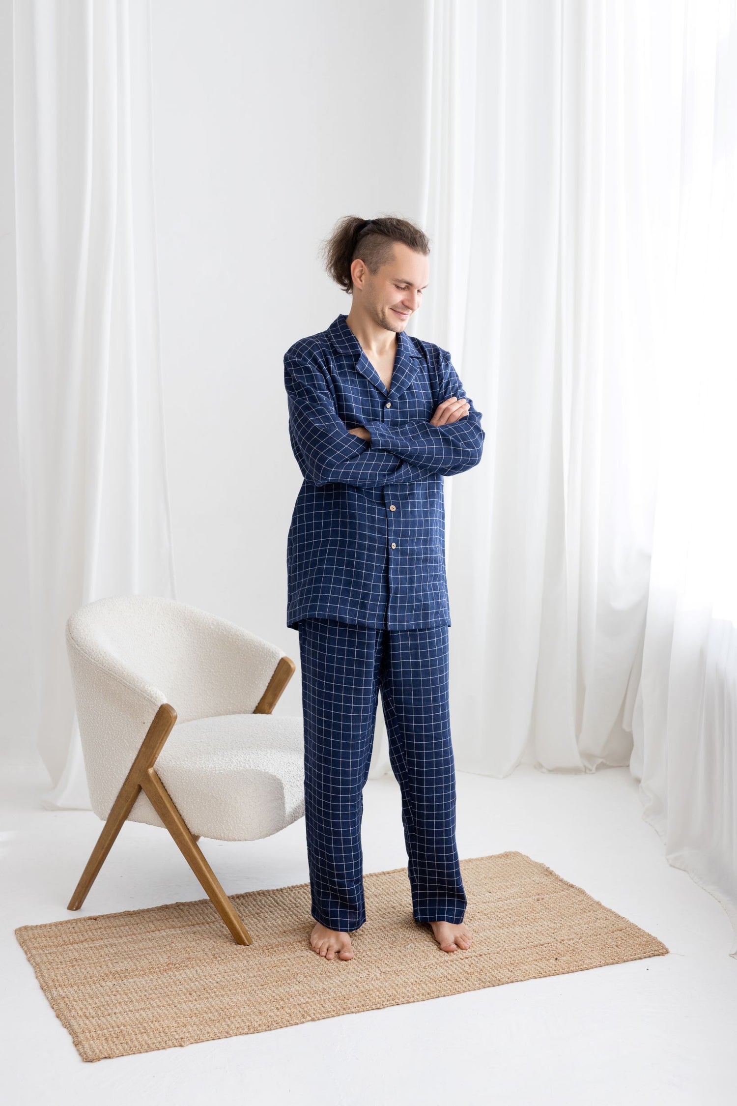 Navy Blue Linen Pajama Set For Men