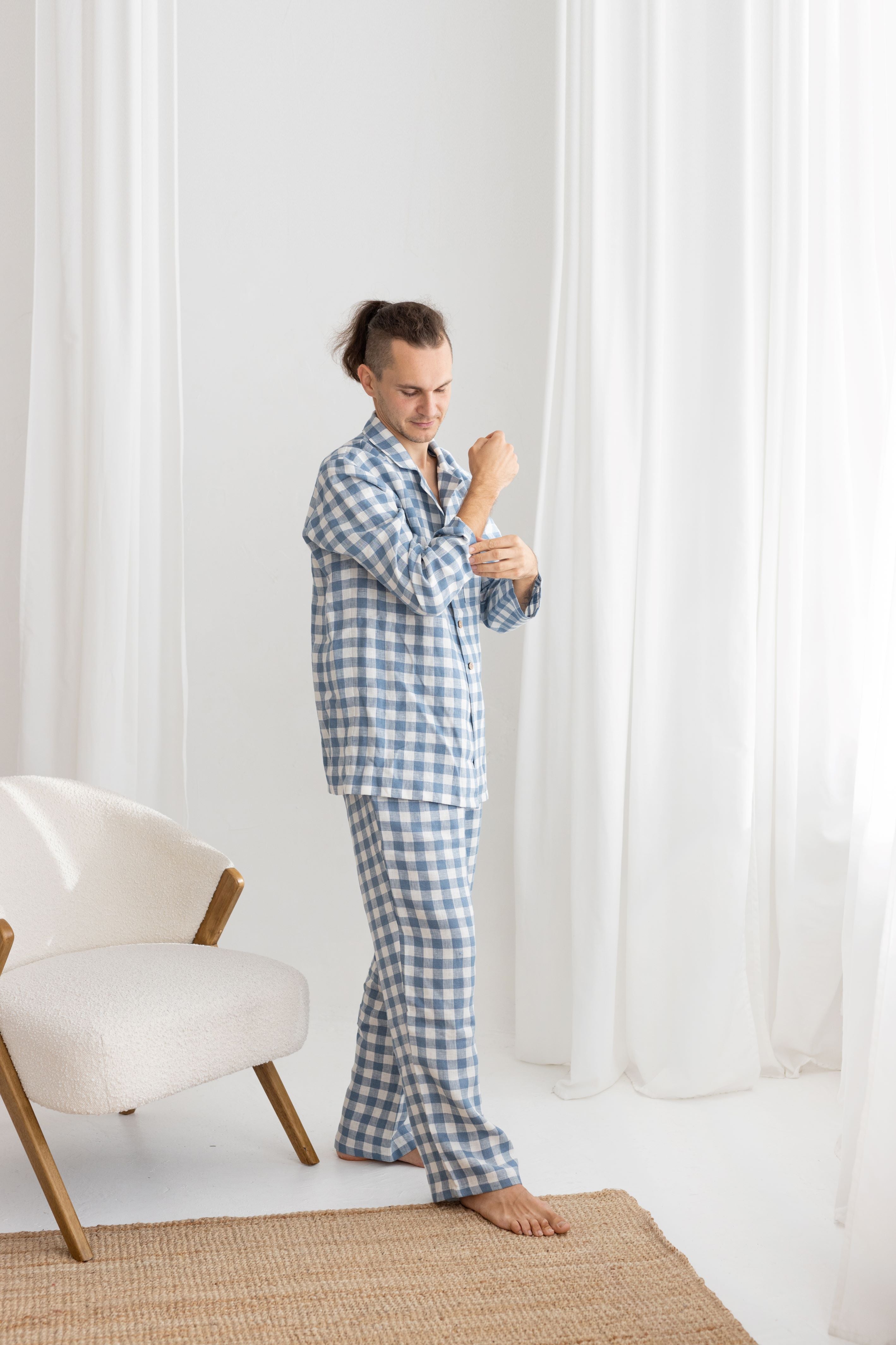 Light Blue Gingham Linen Pajama For Men