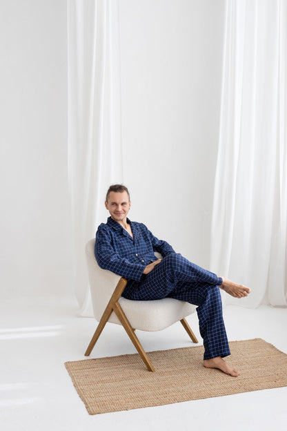 Navy Blue Linen Pajama Set For Men