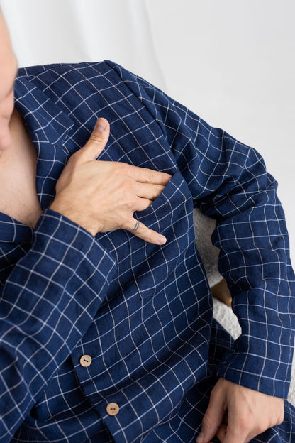 Navy Blue Linen Pajama Set For Men