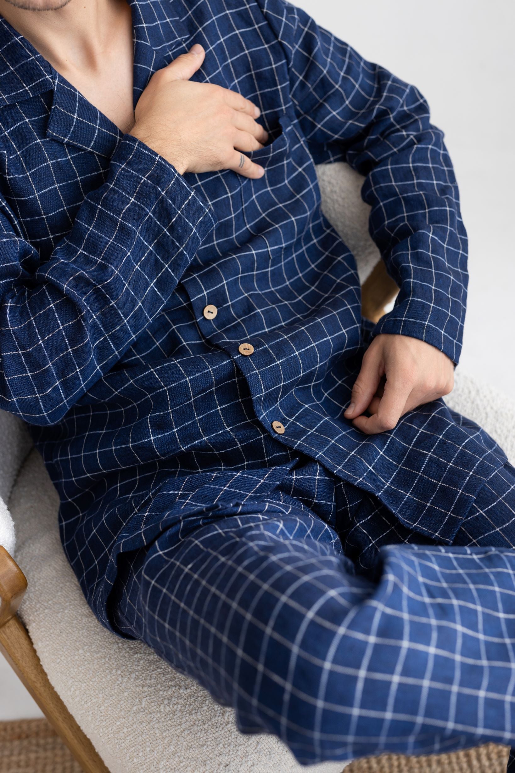 Navy Blue Windowpane Linen Pajama Set For Couple
