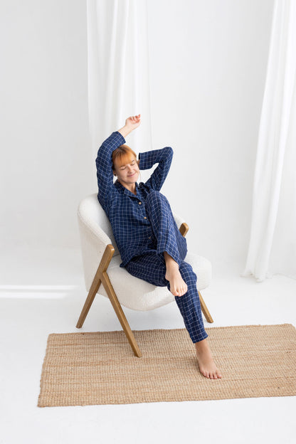Navy Blue Windowpane linen pajama set