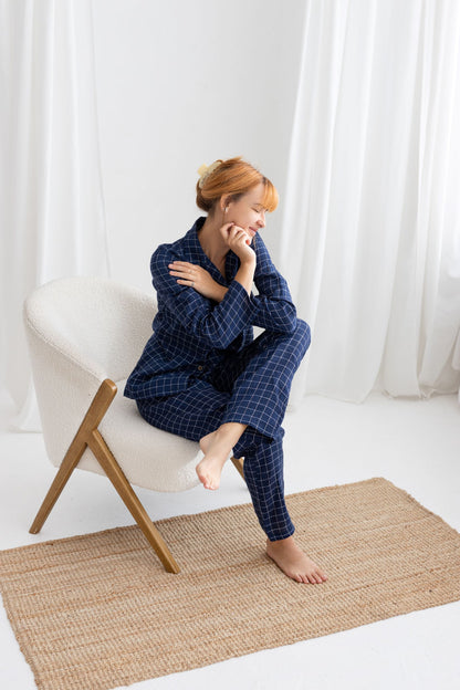 Navy Blue Windowpane linen pajama set