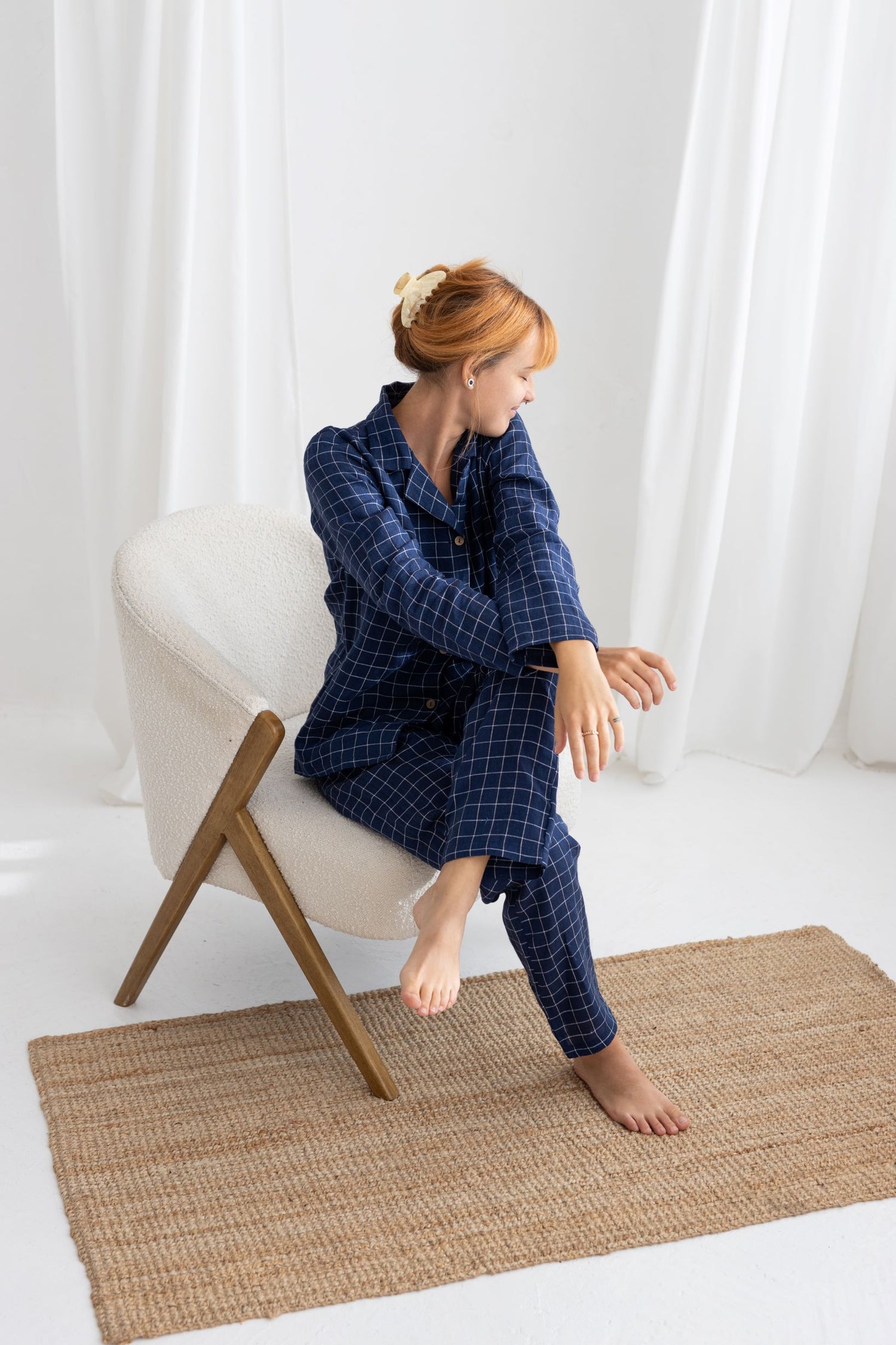 Navy Blue Windowpane linen pajama set