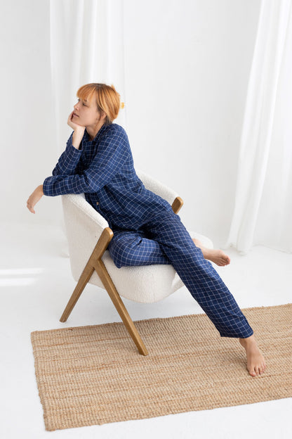 Navy Blue Windowpane Linen Pajama Set For Couple