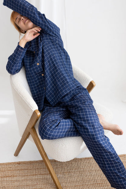 Navy Blue Windowpane Linen Pajama Set For Couple