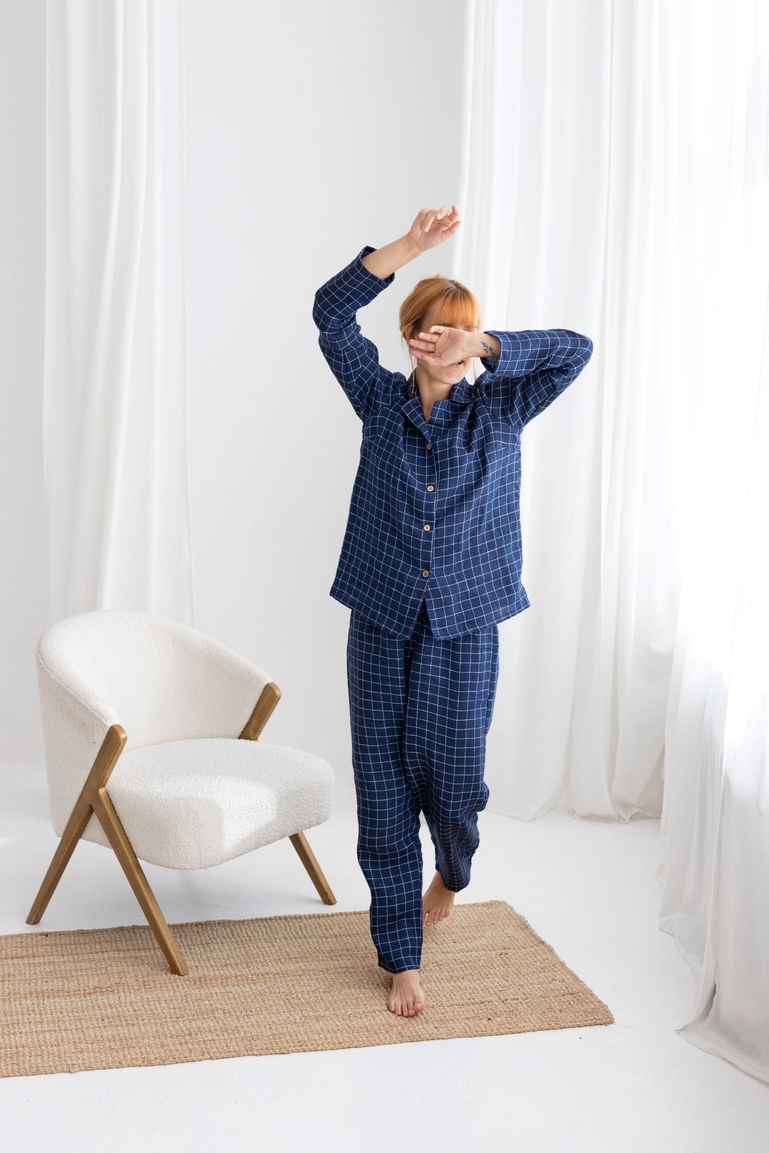 Navy Blue Windowpane linen pajama set