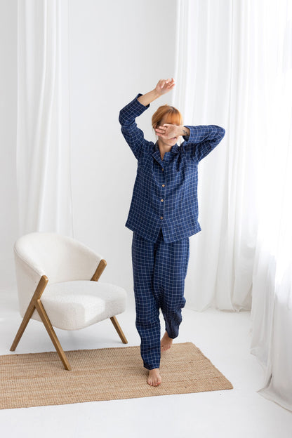 Navy Blue Windowpane linen pajama set