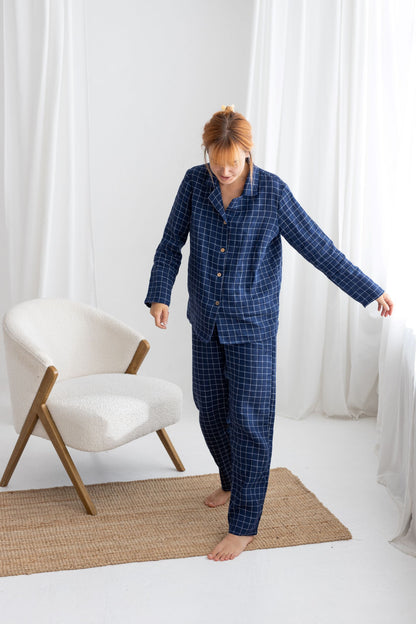 Navy Blue Windowpane linen pajama set