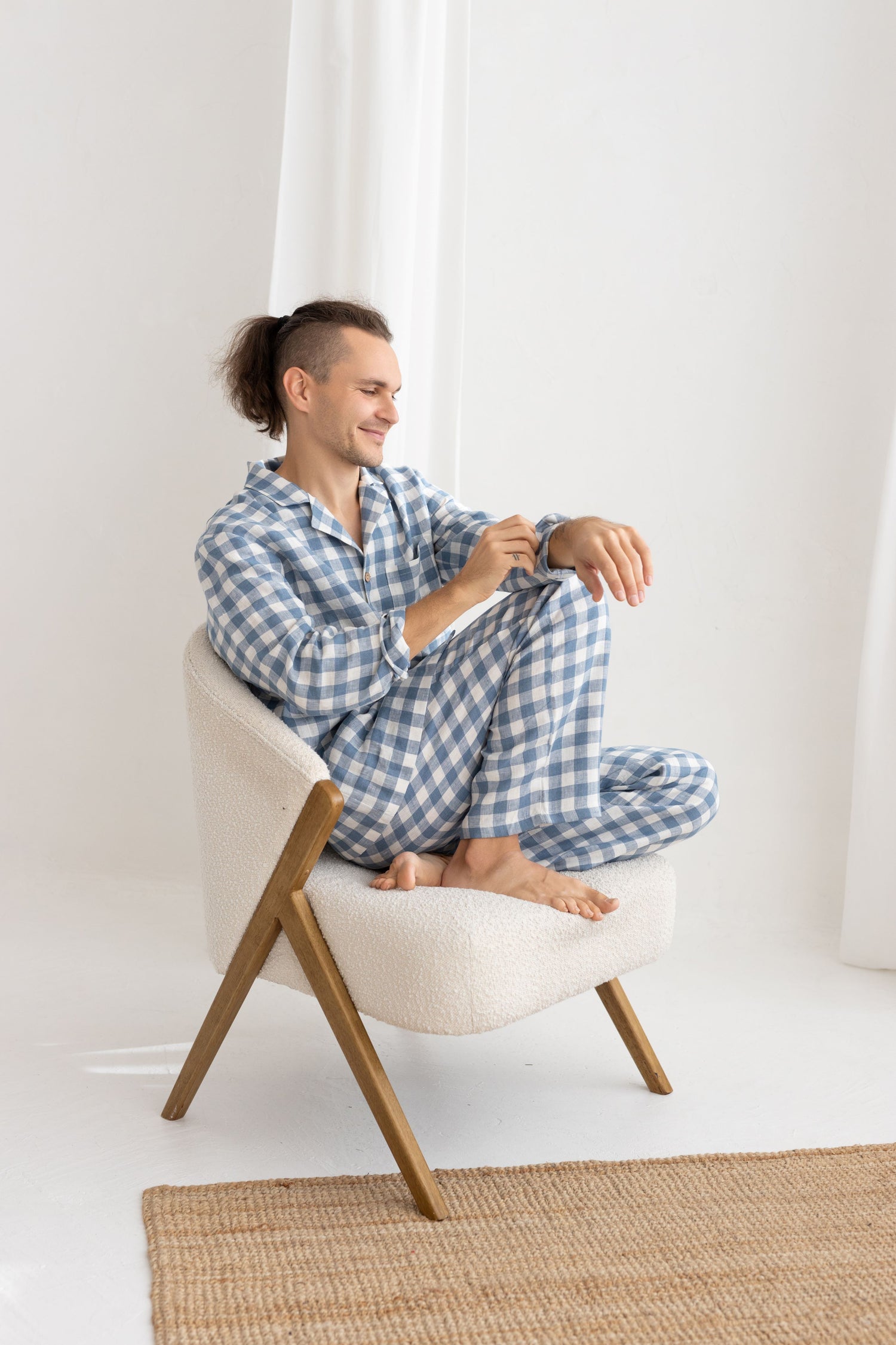 Light Blue Gingham Linen Pajama Set For Couple