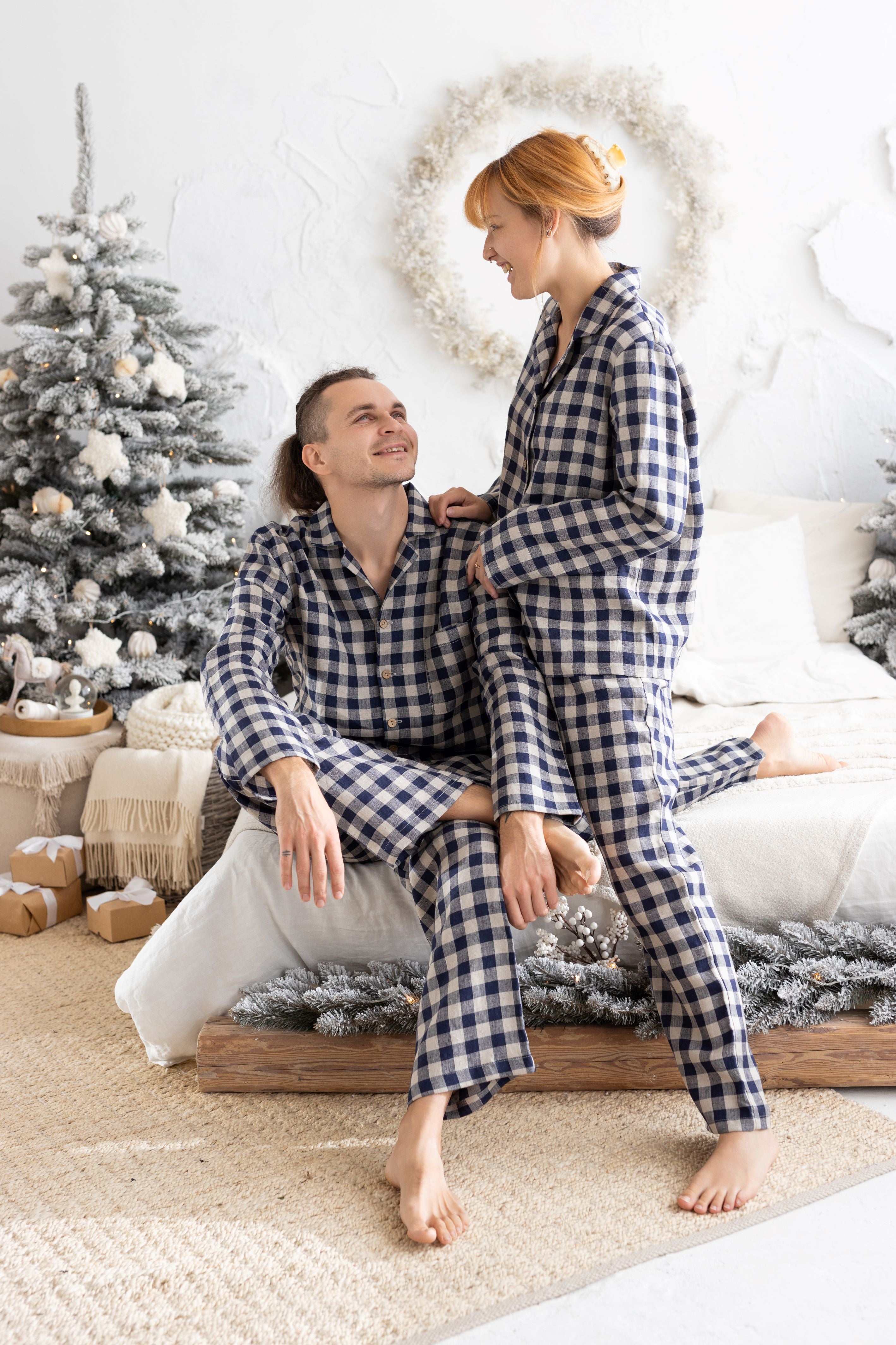 Deep Blue Gingham Linen Pajama Set For Couple