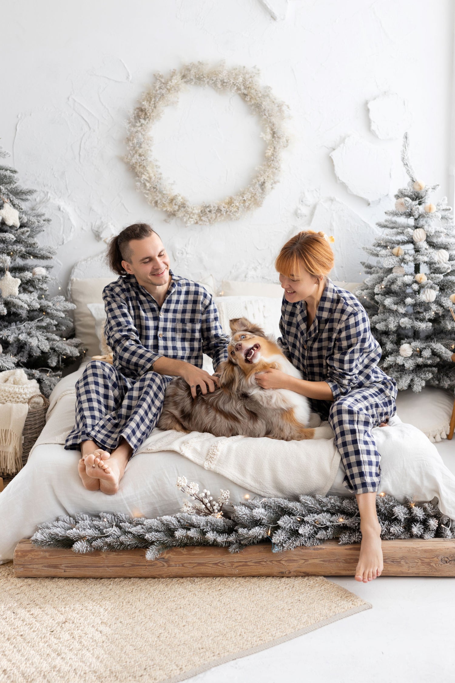 Deep Blue Gingham Linen Pajama Set For Couple