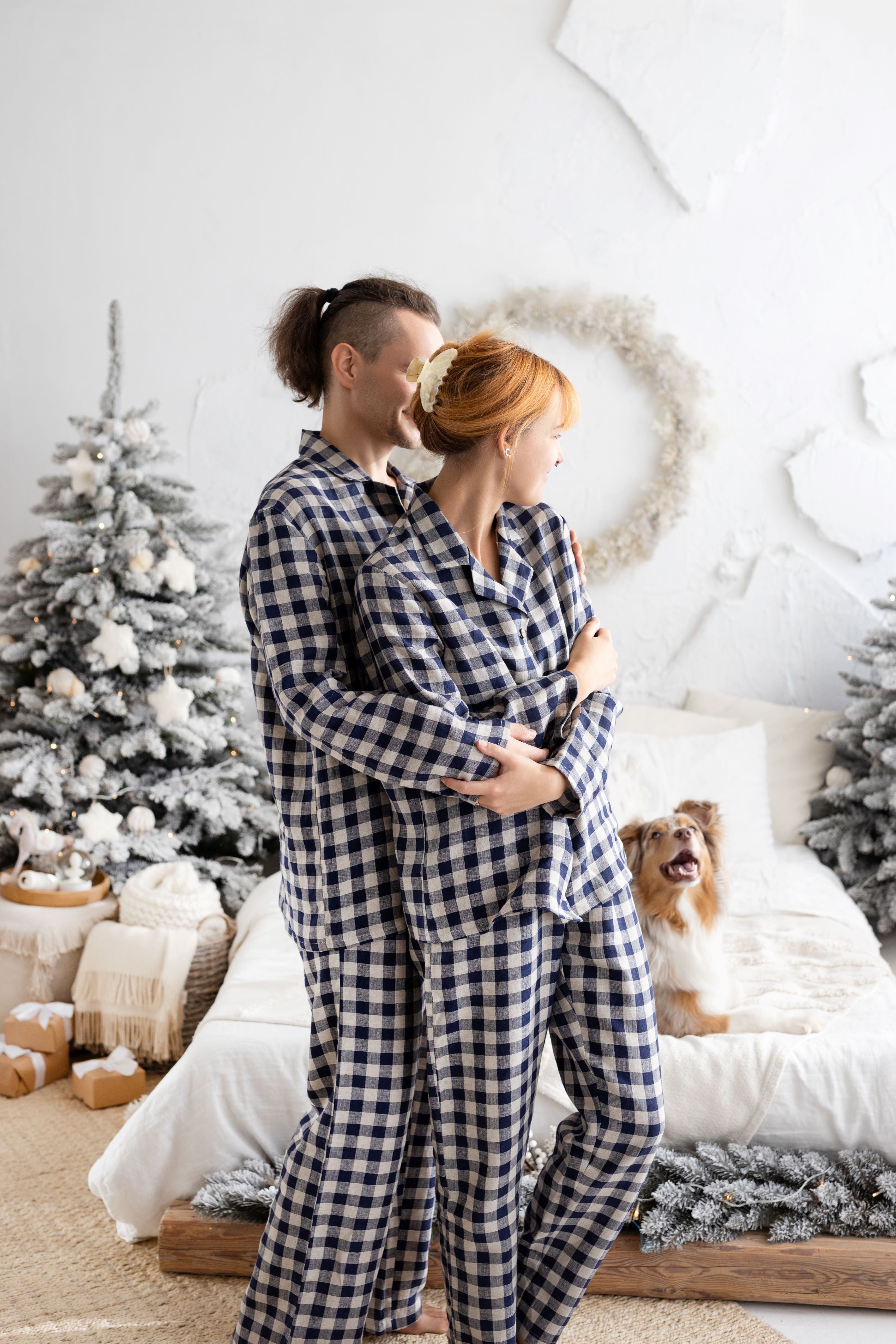 Deep Blue Gingham Linen Pajama Set For Couple