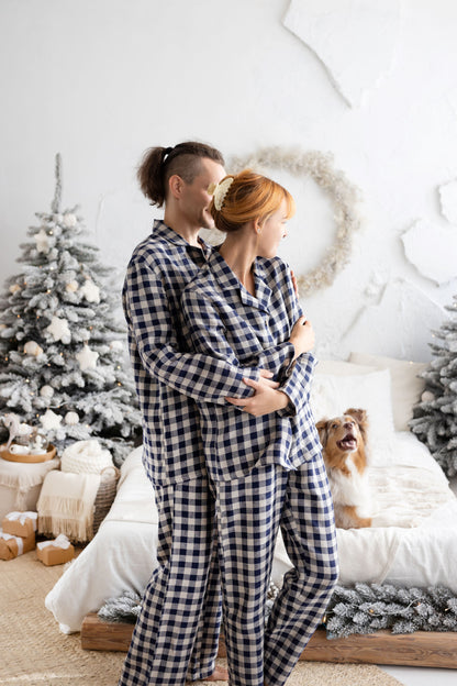 Deep Blue Gingham Linen Pajama Set For Couple
