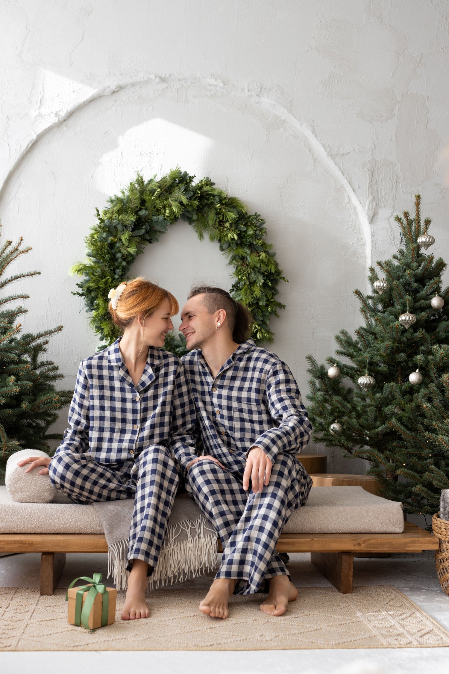 Deep Blue Gingham Linen Pajama Set For Couple