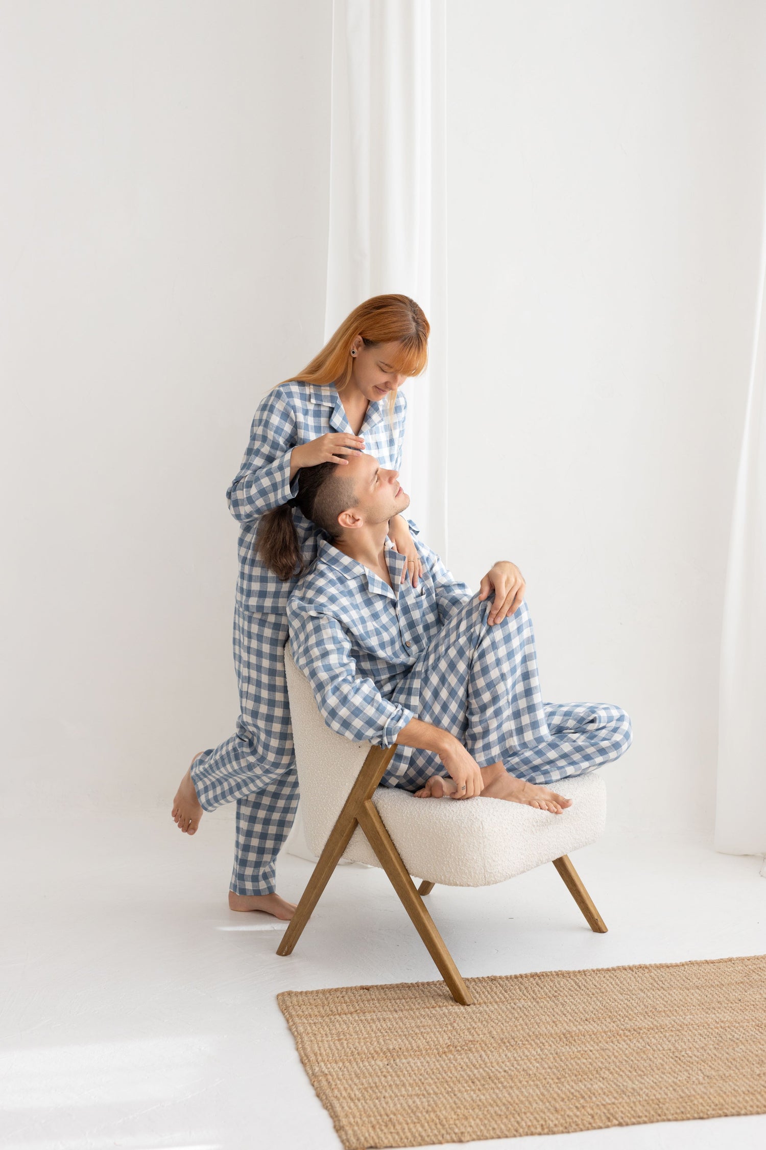 Light Blue Gingham Linen Pajama Set For Couple