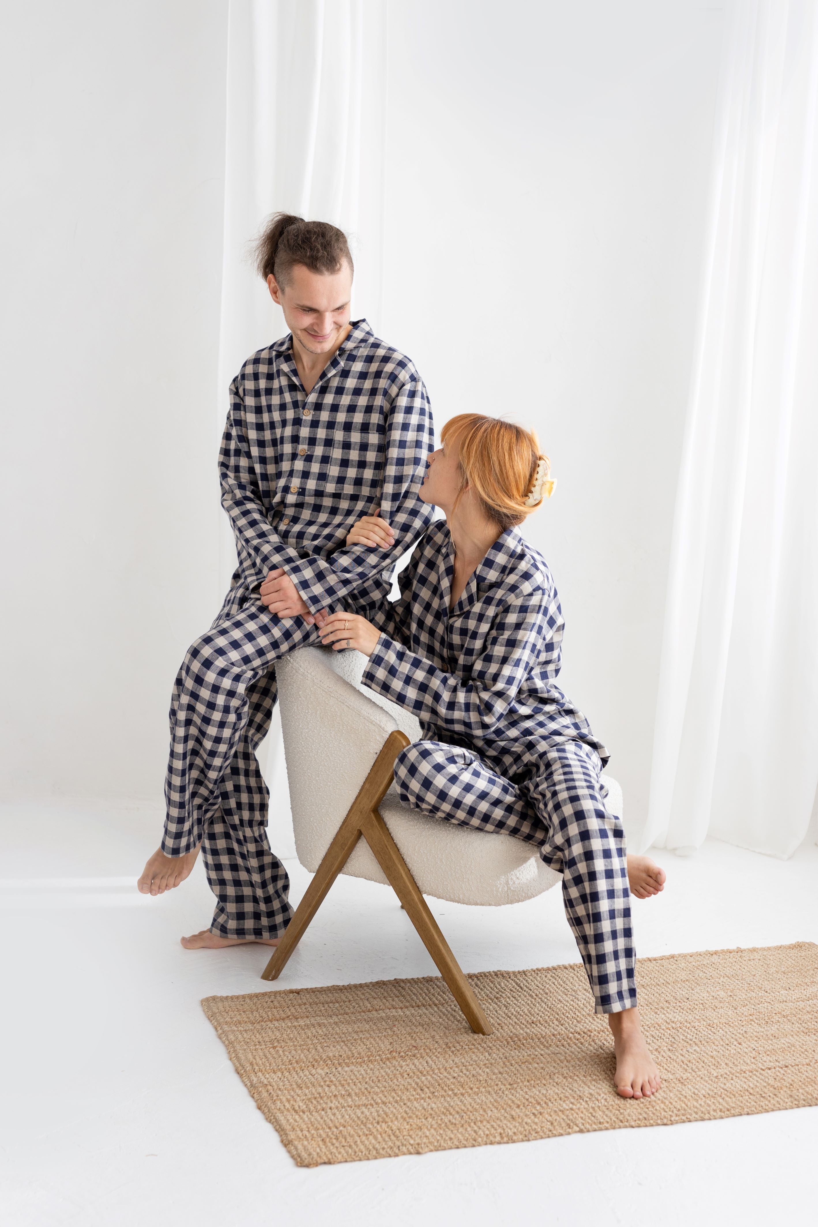 Deep Blue Gingham Linen Pajama Set For Couple