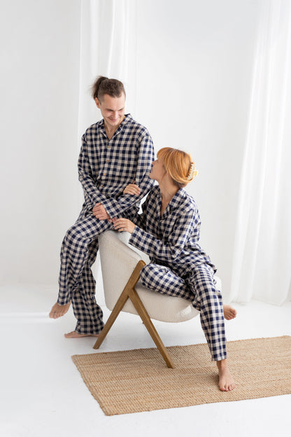 Deep Blue Gingham Linen Pajama Set For Couple
