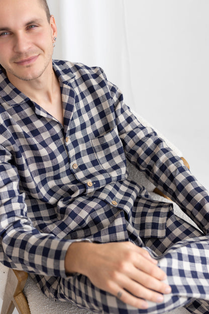 Deep Blue Gingham Linen Pajama For Men