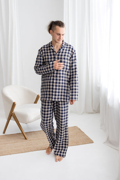 Deep Blue Gingham Linen Pajama For Men