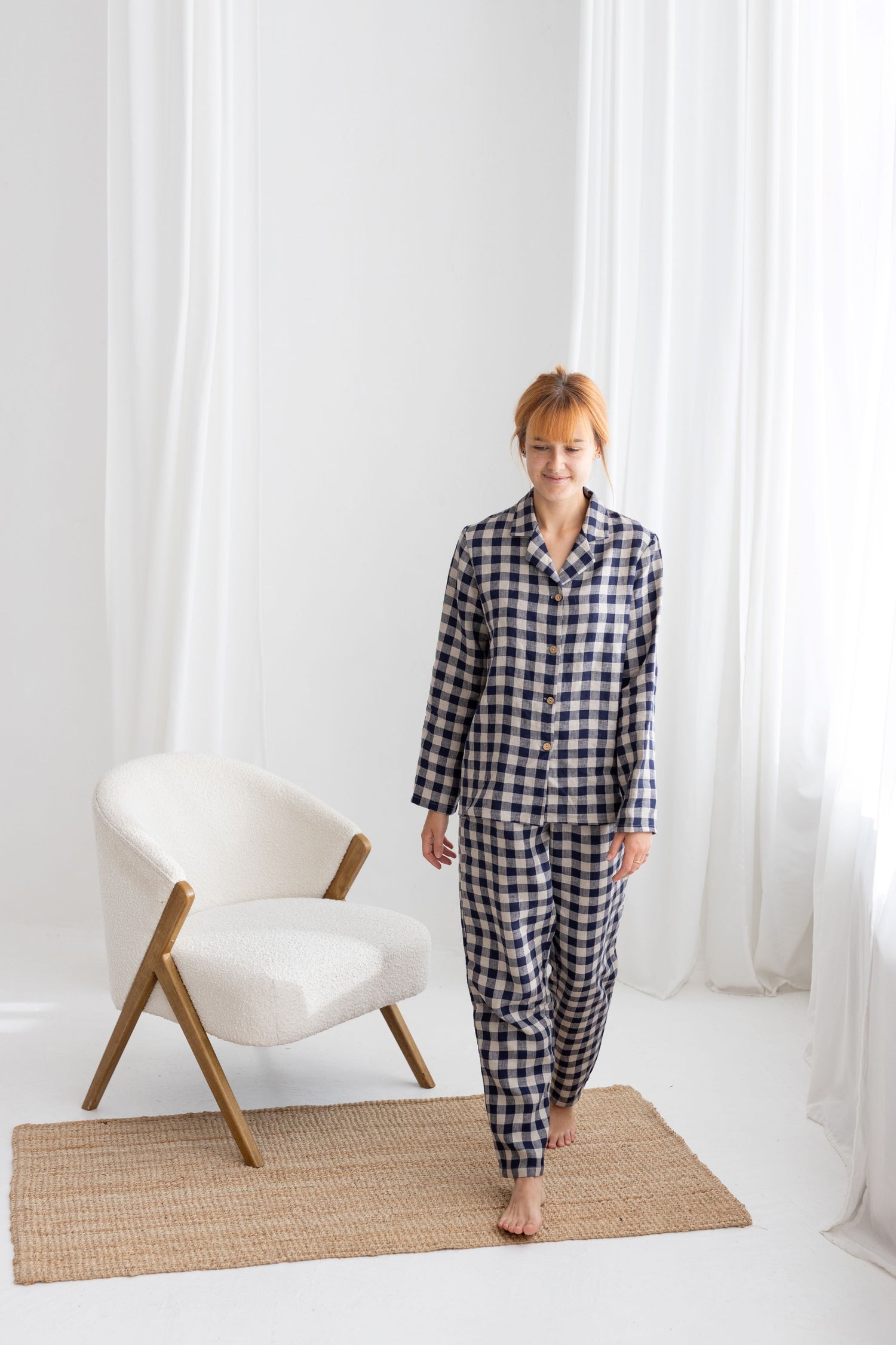 Deep Blue Gingham linen pajama set