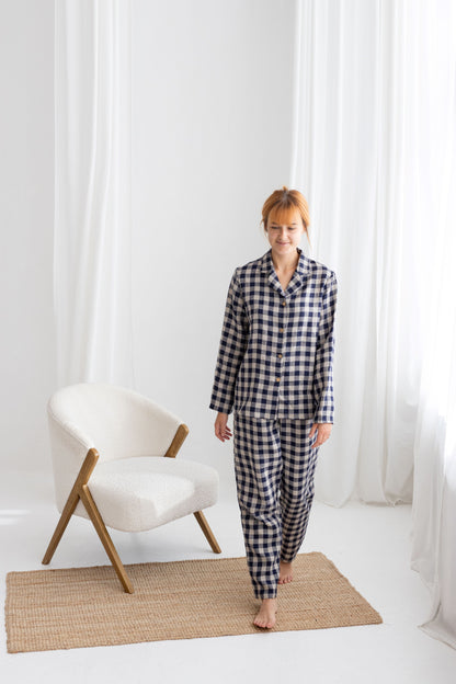 Deep Blue Gingham linen pajama set