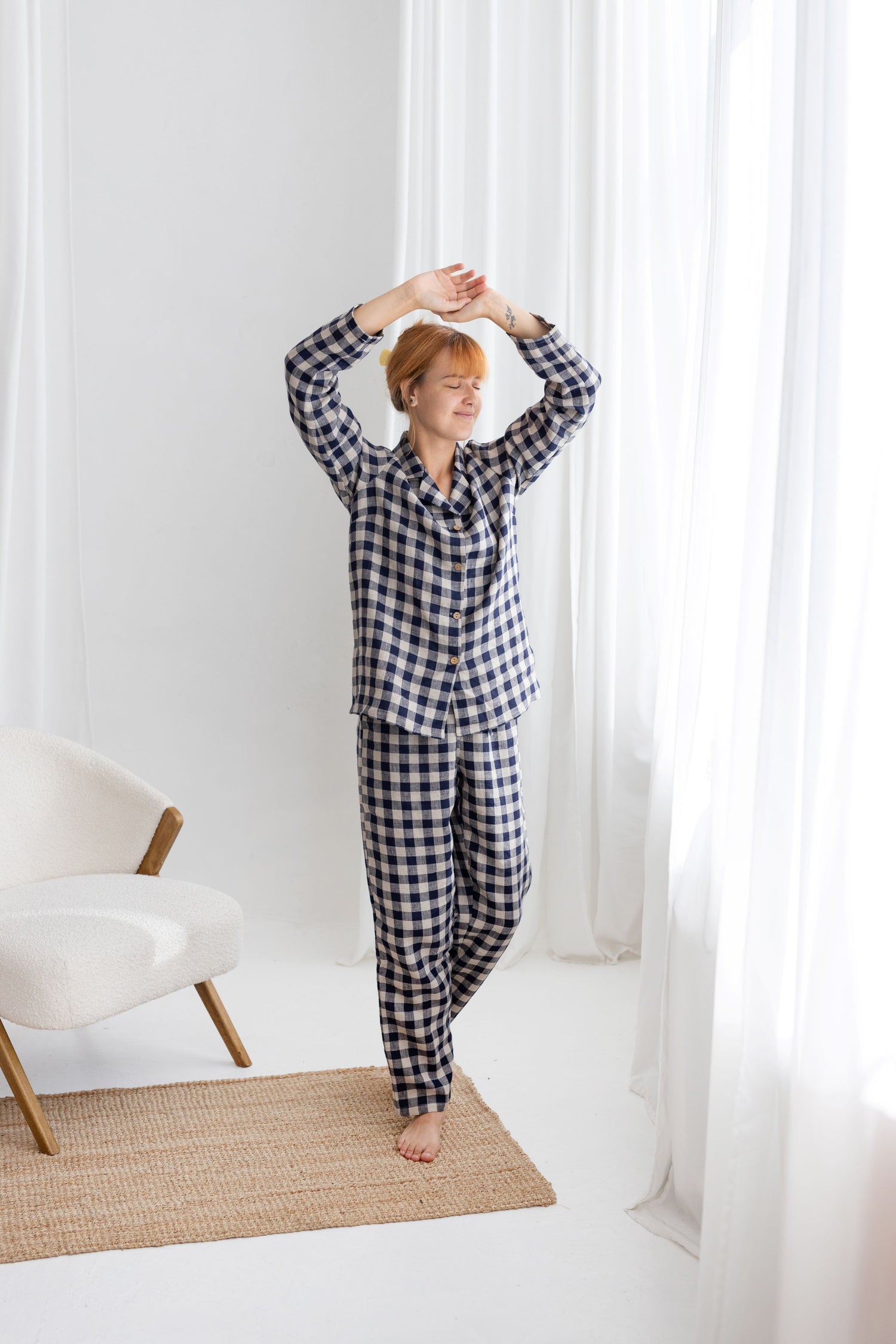 Deep Blue Gingham linen pajama set