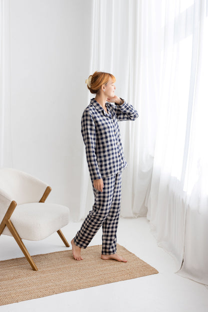 Deep Blue Gingham linen pajama set