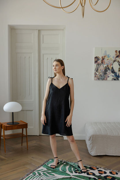 Black Linen Slip Dress With Adjustable Straps