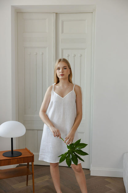 White Linen Slip Dress With Adjustable Straps