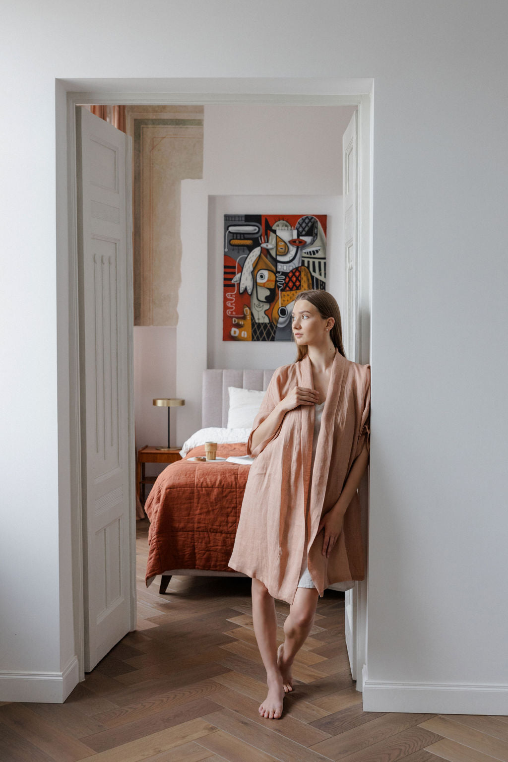 Peach Lightweight Linen Kimono Robe