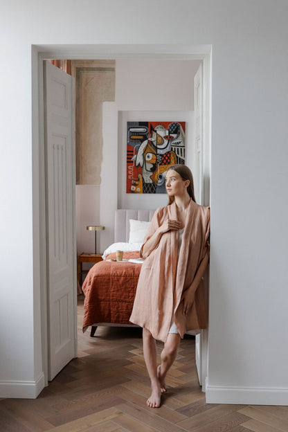 Peach Lightweight Linen Kimono Robe