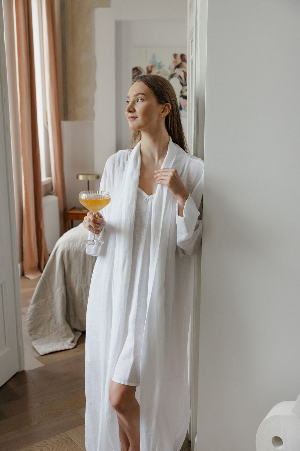 Long White Linen Bridal Robe
