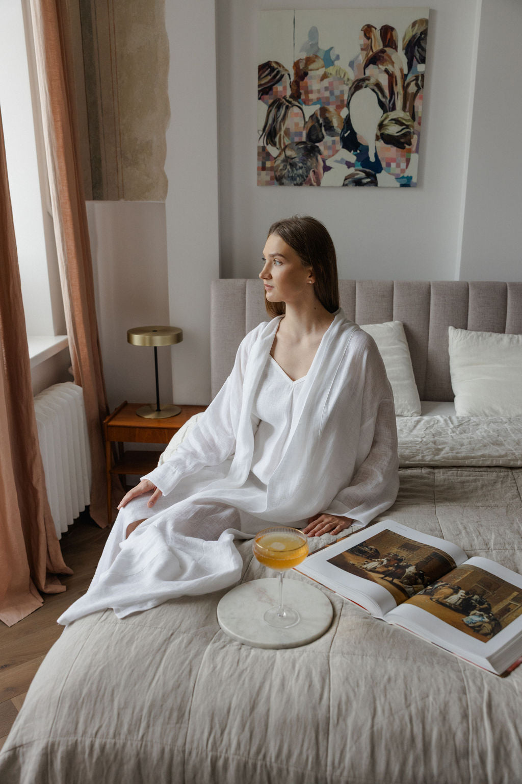 Long White Linen Bridal Robe