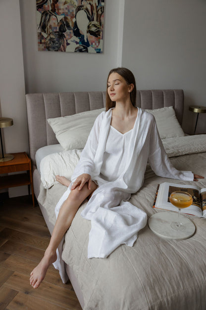 Long White Linen Bridal Robe