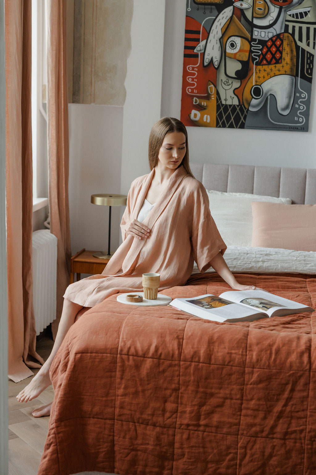 Peach Lightweight Linen Kimono Robe