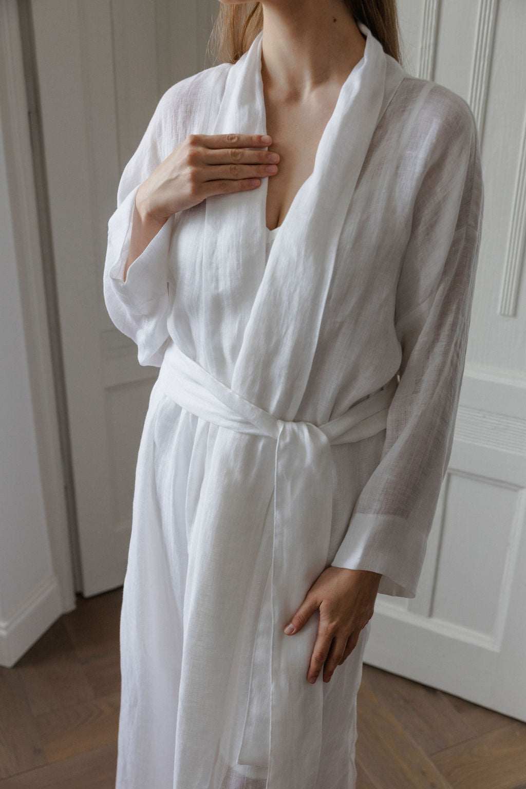 Long White Linen Bridal Robe