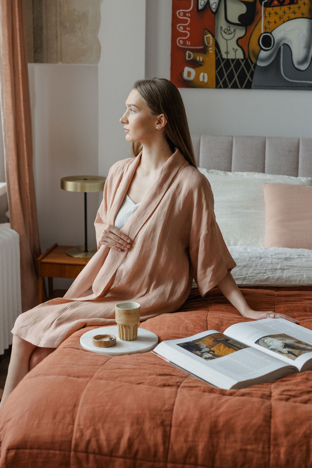 Peach Lightweight Linen Kimono Robe