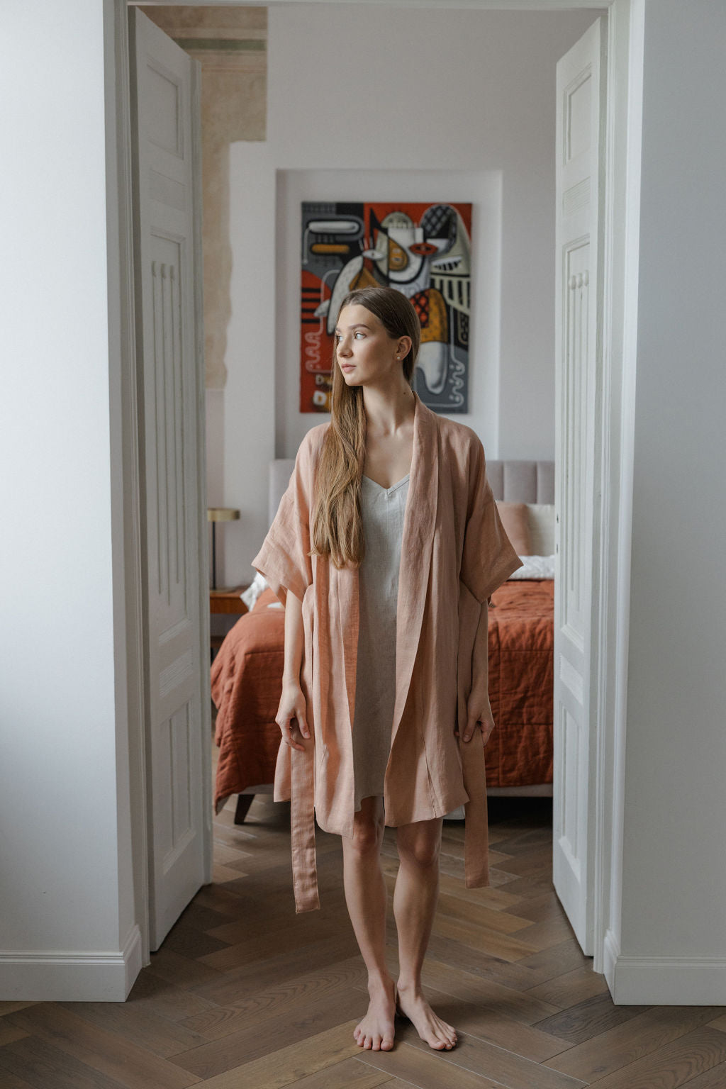 Peach Lightweight Linen Kimono Robe