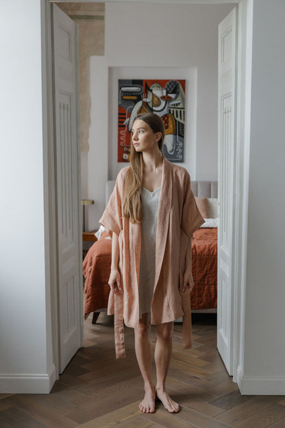 Peach Lightweight Linen Kimono Robe