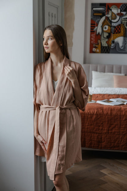 Peach Lightweight Linen Kimono Robe