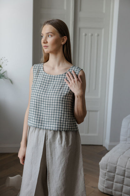 gray gingham linen crop top