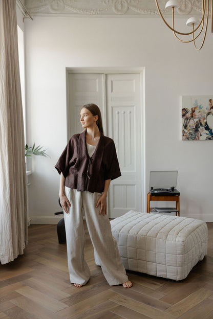 Chocolate Brown Linen Kimono Jacket