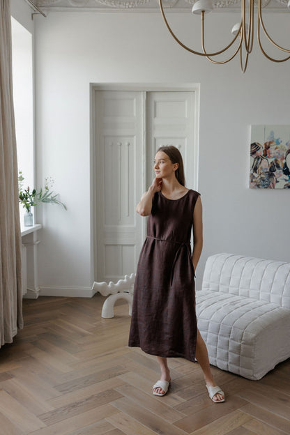 Chocolate brown linen dress