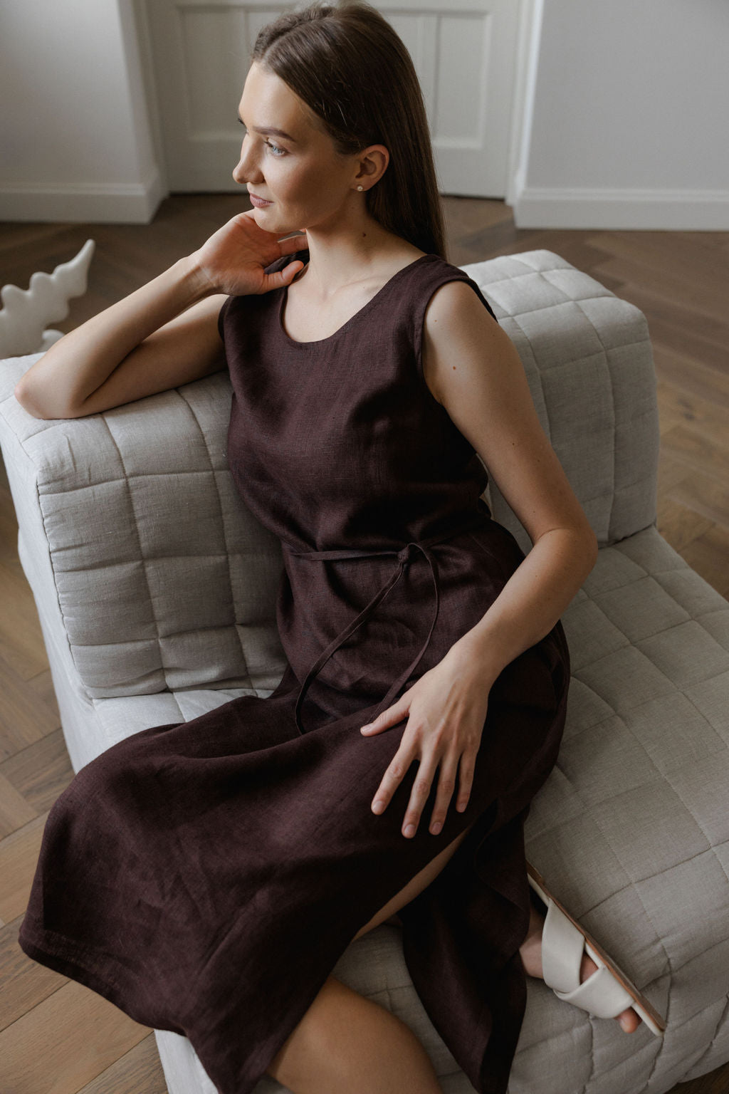 Chocolate brown linen dress