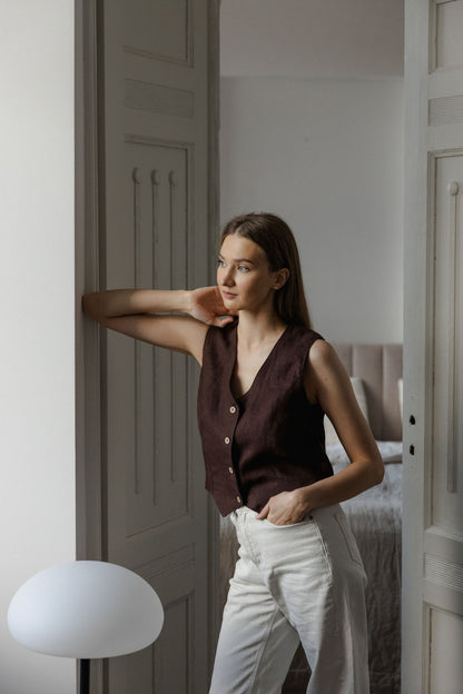 brown linen vest with buttons