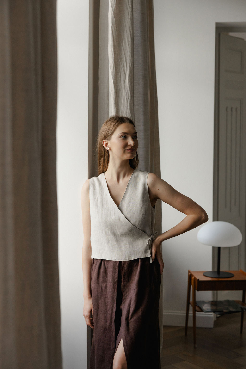 beige linen wrap vest