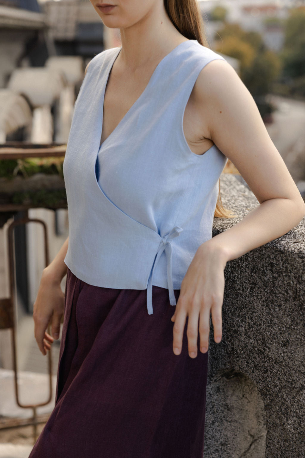 blue linen wrap vest