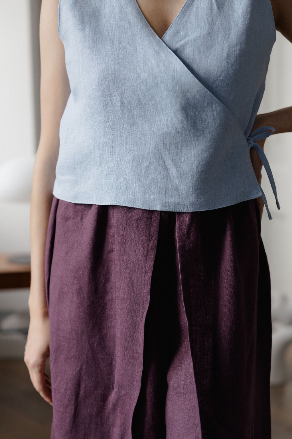 blue linen wrap vest