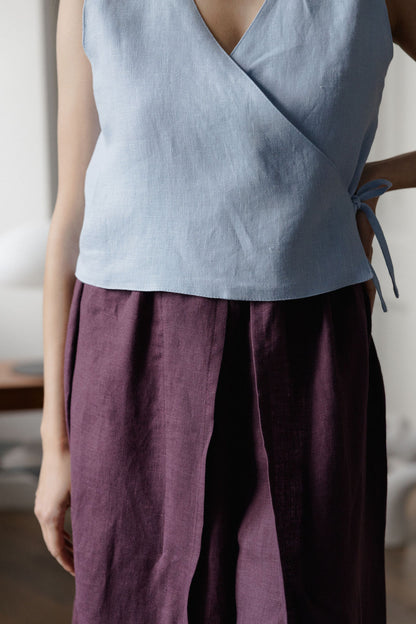 blue linen wrap vest